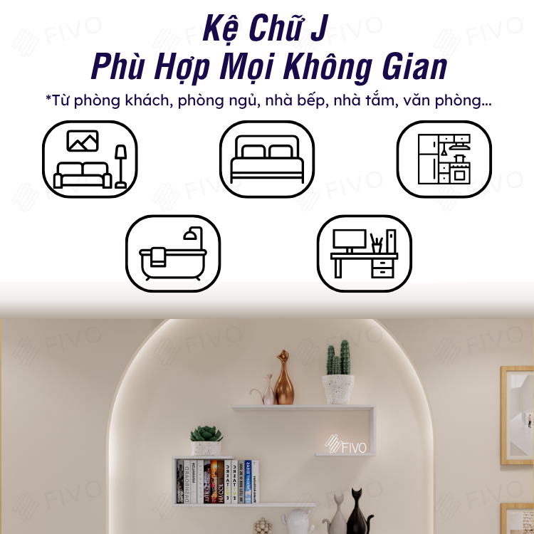 Kệ Sách Gỗ Treo Tường Chữ J FB42 FIVO, Lắp Đặt Dễ Dàng, Chống Ẩm, Chịu Lực Tốt