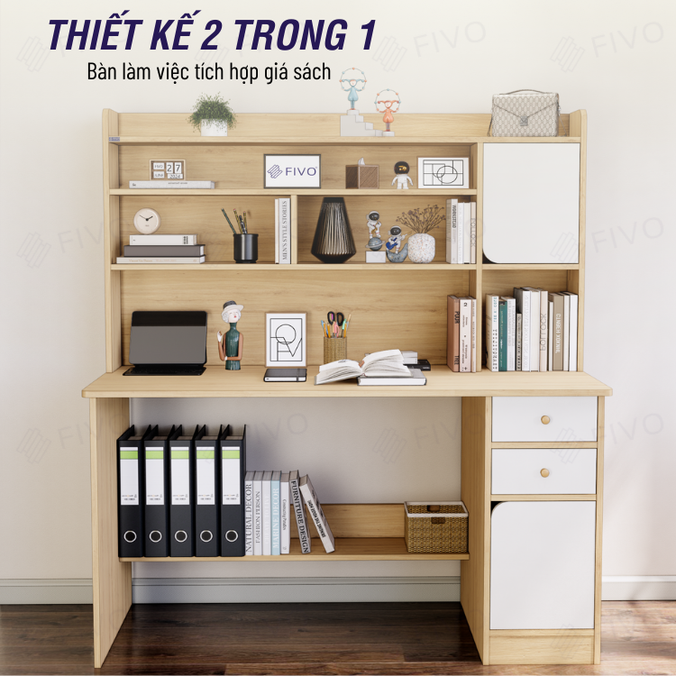 Bộ Bàn Ghế Làm Việc Kết Hợp Kệ Sách FD05 FIVO Cốt Ván 17mm Đầm Chắc, Đa Dạng Màu Sắc