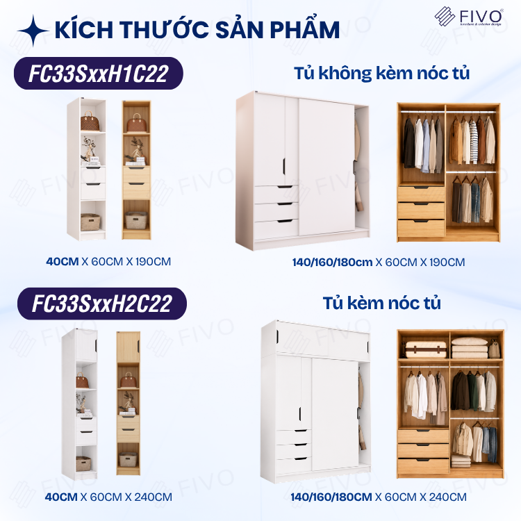 Tủ Gỗ Quần Áo Cửa Lùa Cao Cấp FC33 FIVO, Gỗ Dày 17mm, Kèm Hệ Kệ Trang Trí Sâu 60cm, Freeship+Free lắp đặt, Trả Góp 0%
