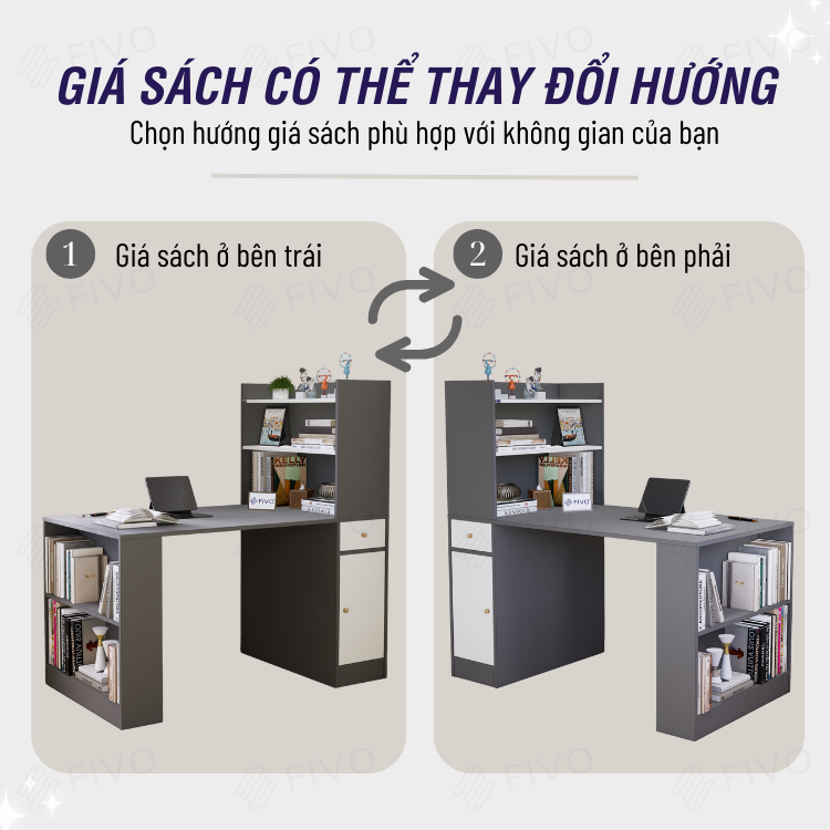 Bộ Bàn Ghế Làm Việc Kết Hợp Kệ Sách FD04 FIVO, Gỗ Chống Ẩm Cao Cấp, Thiết Kế 3 Trong 1