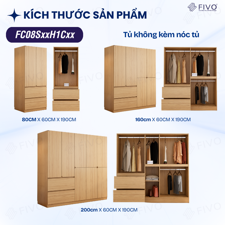 Tủ Quần Áo Gỗ Cao Cấp FC08 FIVO, Dày 17MM Cánh Mở Sâu 60cm, Thiết Kế Tinh Tế, Free ship+Free lắp đặt