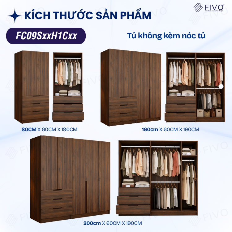 Tủ Đựng Quần Áo Gỗ Cao Cấp FC09 FIVO, Thiết Kế Cánh Mở Sâu 60cm, Kèm Ngăn Kéo, Freeship+Free Lắp Đặt, Trả Góp 0%