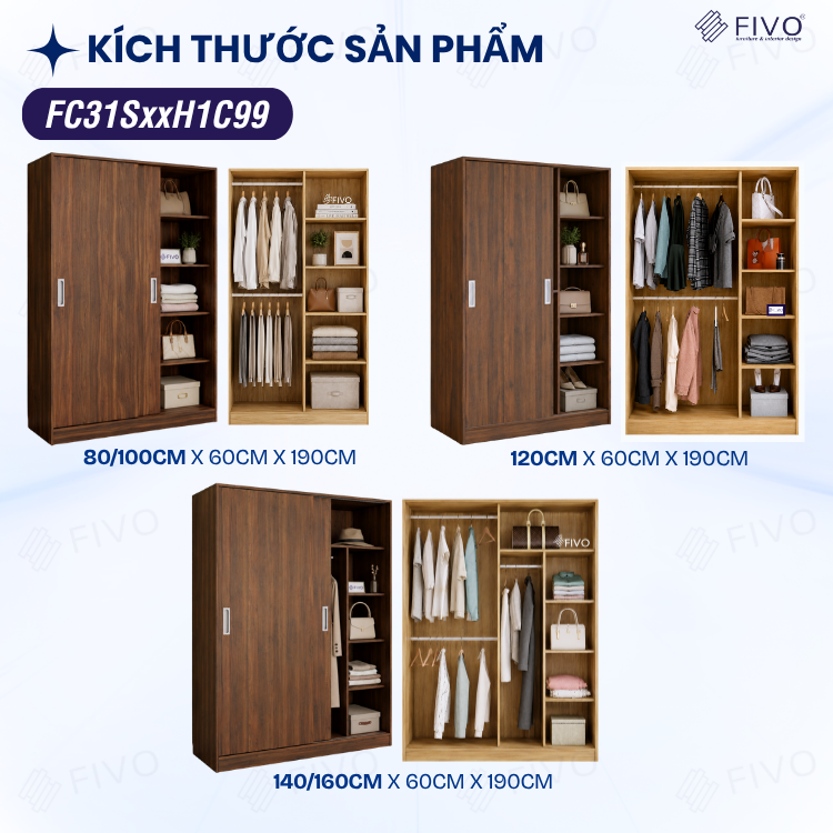 Tủ Áo Quần Cửa Trượt FIVO FC31 Gỗ Chống Ẩm, Màu Walnut Ấm Cúng Cho Phòng Ngủ, Trả Góp 0%, Freeship + Free lắp đặt