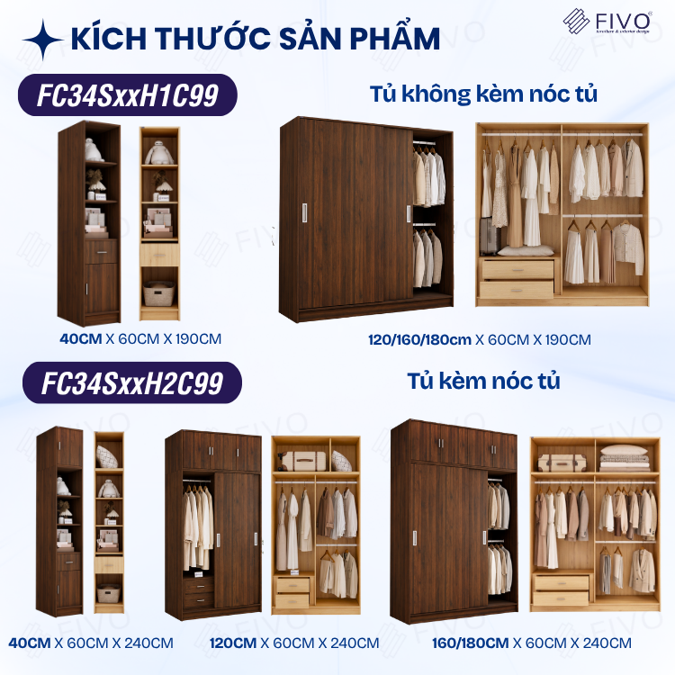 Tủ Quần Áo Gỗ Cửa Lùa Cao Cấp FC34 FIVO, Gỗ Dày 17mm Độ Sâu 60cm, Kèm Hệ Kệ Trang Trí, Freeship+Free lắp đặt, Trả Góp 0%