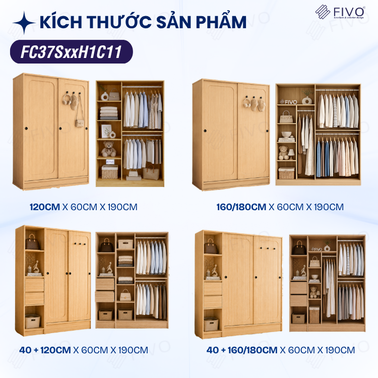 Tủ Quần Áo Gỗ Cửa Lùa Cao Cấp FC37 FIVO, Gỗ Dày 17mm Độ Sâu 60cm, Kèm Hệ Trang Trí, Freeship+Free Lắp Đặt, Trả Góp 0%