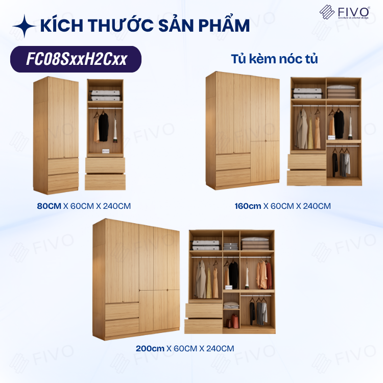 Tủ Quần Áo Gỗ Cao Cấp FC08 FIVO, Dày 17MM Cánh Mở Sâu 60cm, Thiết Kế Tinh Tế, Free ship+Free lắp đặt