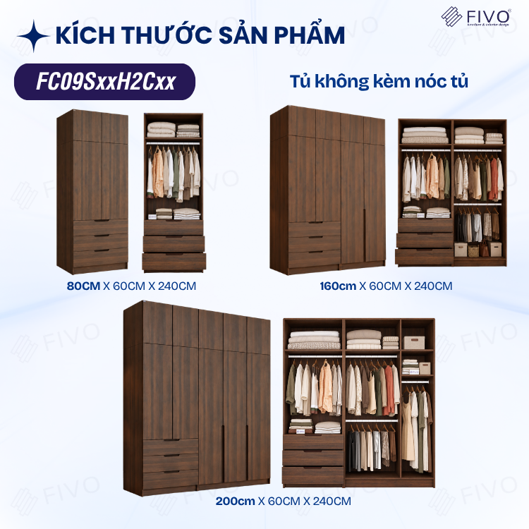 Tủ Đựng Quần Áo Gỗ Cao Cấp FC09 FIVO, Thiết Kế Cánh Mở Sâu 60cm, Kèm Ngăn Kéo, Freeship+Free Lắp Đặt, Trả Góp 0%