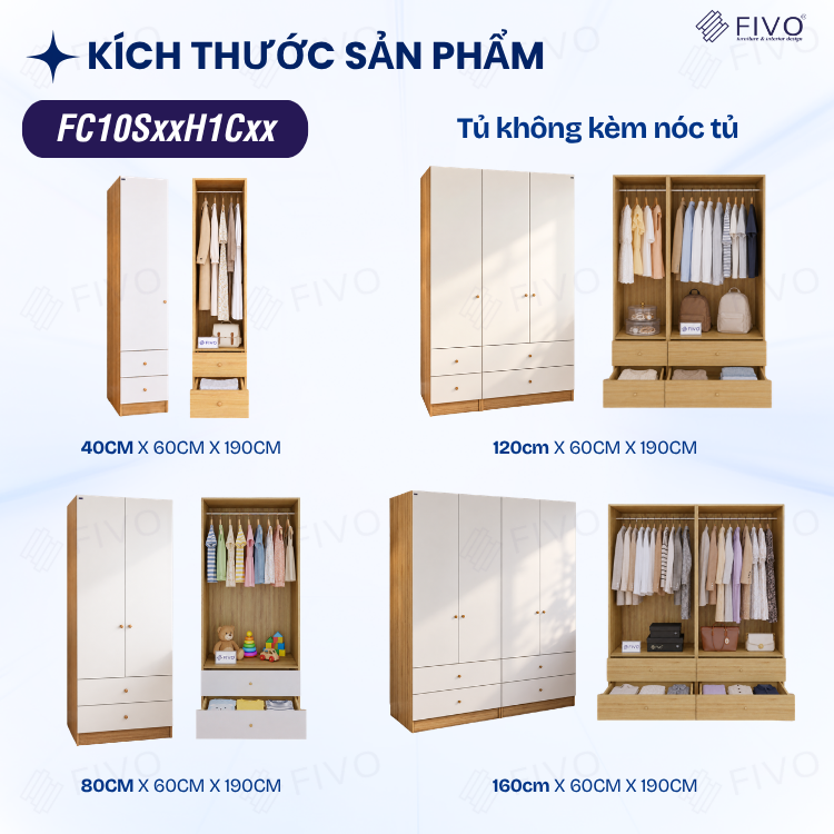 Tủ Đựng Quần Áo Gỗ Cao Cấp FC10 FIVO, Cánh Mở Sâu 60cm Kèm Ngăn Kéo, Freeship + Free Lắp Đặt, Trả Góp 0%