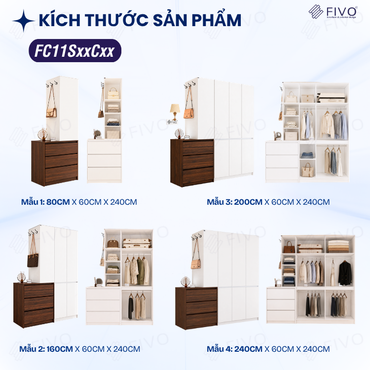 Tủ Quần Áo Gỗ Cửa Mở Cao Cấp FC11 FIVO, Sâu 60cm Kèm Hệ Tủ Ngăn Kéo, Freeship+Free lắp đặt, Trả Góp 0%