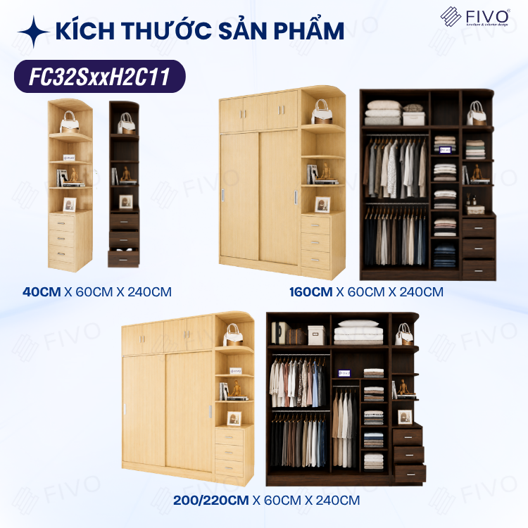 Tủ Gỗ Quần Áo Cửa Lùa Cao Cấp FC32 FIVO, Gỗ Dày 17mm, Kèm Hệ Tủ Tiện Lợi, Ngăn Kéo Sâu 60cm, Freeship+Free lắp đặt, Trả