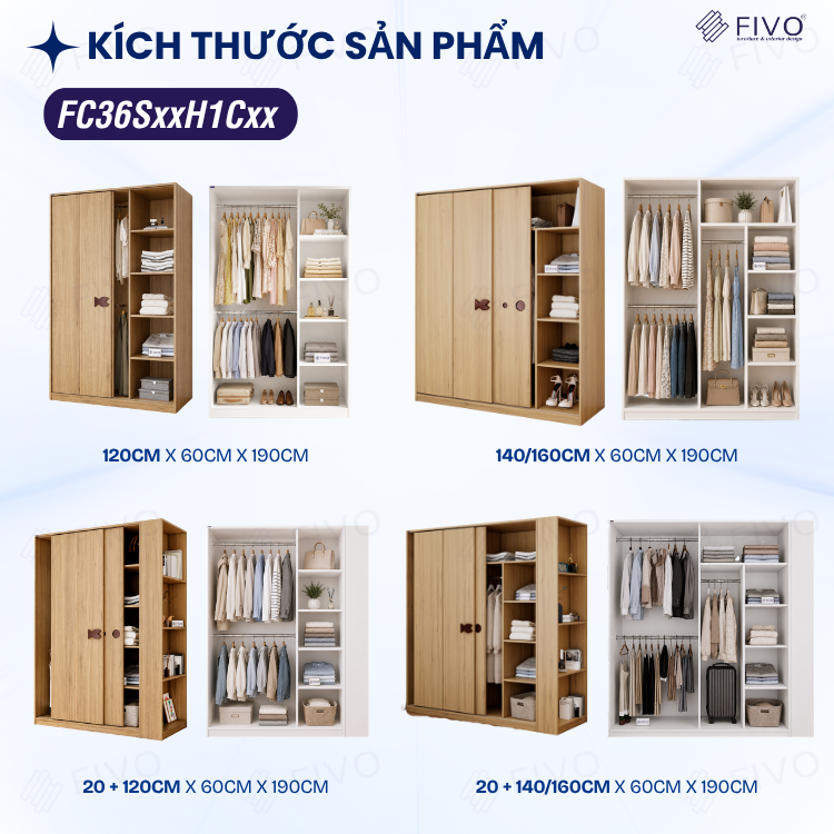 Tủ Quần Áo Gỗ Cửa Lùa FC36 FIVO, Gỗ Dày 17mm Sâu 60cm, Kèm Hệ Trang Trí, Freeship+Free Lắp Đặt, Trả Góp 0%