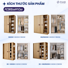 Tủ Quần Áo Gỗ Cửa Lùa FC36 FIVO, Gỗ Dày 17mm Sâu 60cm, Kèm Hệ Trang Trí, Freeship+Free Lắp Đặt, Trả Góp 0%