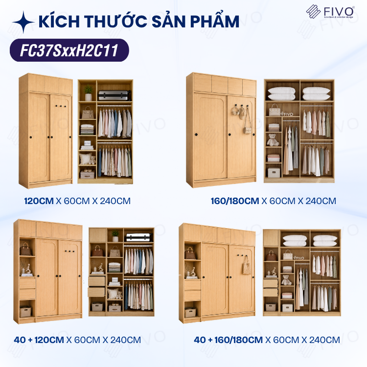Tủ Quần Áo Gỗ Cửa Lùa Cao Cấp FC37 FIVO, Gỗ Dày 17mm Độ Sâu 60cm, Kèm Hệ Trang Trí, Freeship+Free Lắp Đặt, Trả Góp 0%