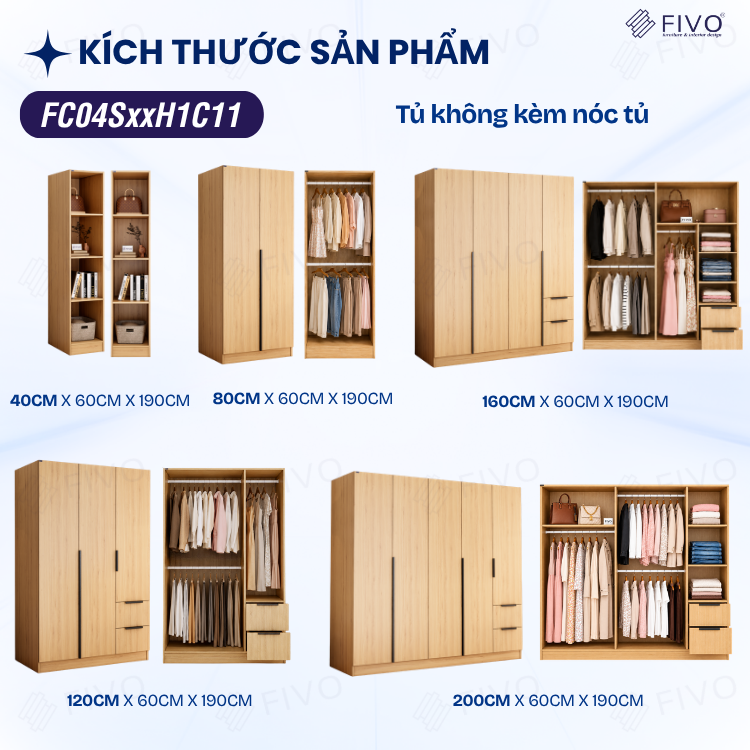 Tủ Đựng Quần Áo Gỗ Cao Cấp FC04 FIVO, Tủ Màu Gỗ Cánh Mở Sâu 60cm Kèm Kệ Trang Trí, Freeship+Free lắp đặt, Trả Góp 0%