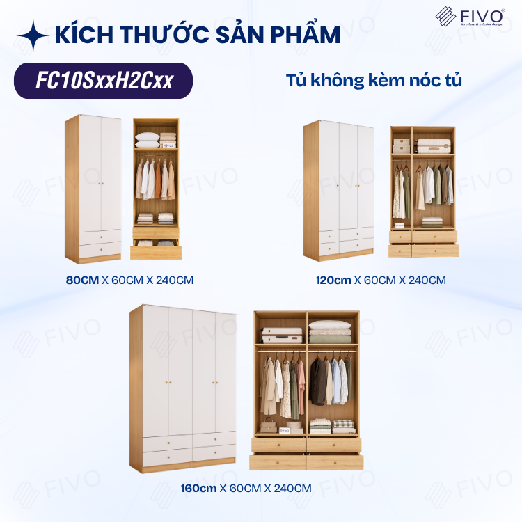 Tủ Đựng Quần Áo Gỗ Cao Cấp FC10 FIVO, Cánh Mở Sâu 60cm Kèm Ngăn Kéo, Freeship + Free Lắp Đặt, Trả Góp 0%