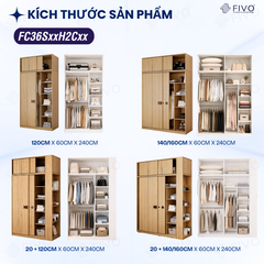 Tủ Quần Áo Gỗ Cửa Lùa FC36 FIVO, Gỗ Dày 17mm Sâu 60cm, Kèm Hệ Trang Trí, Freeship+Free Lắp Đặt, Trả Góp 0%