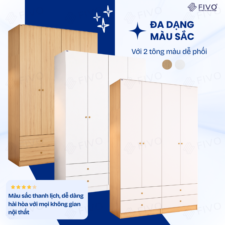 Tủ Đựng Quần Áo Gỗ Cao Cấp FC10 FIVO, Cánh Mở Sâu 60cm Kèm Ngăn Kéo, Freeship + Free Lắp Đặt, Trả Góp 0%