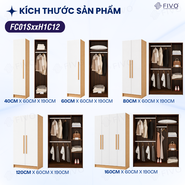 Tủ Đựng Quần Áo Gỗ Cao Cấp Đa Năng FC01 FIVO, Dày 17MM Với Độ Sâu 60cm, Freeship + Free lắp đặt, Trả Góp 0%