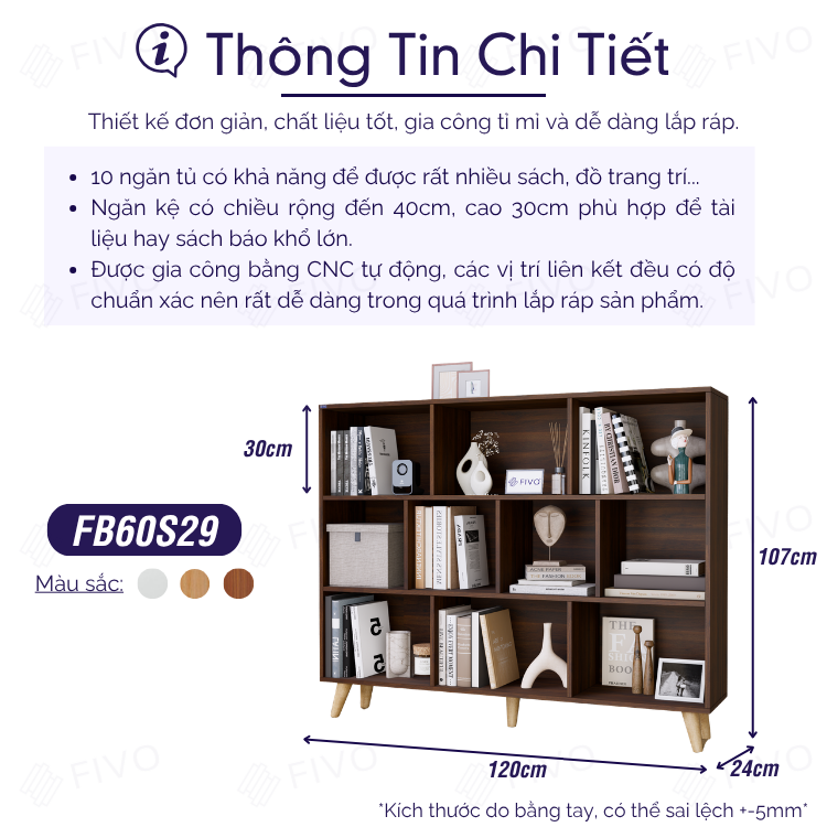 Kệ Sách Gỗ Đứng Có Chân FB60 FIVO, Kèm Tấm Lưng Chắc Chắn, Đa Dạng Kích Thước, Đa Ngăn