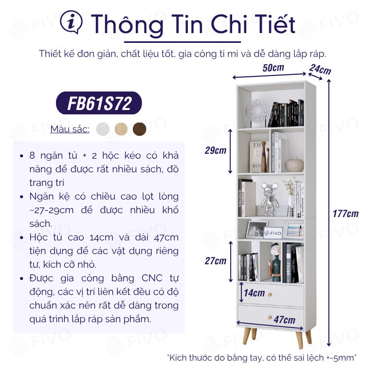 Tủ Sách Gỗ 5 Tầng FB61 FIVO, Có Hộc, 4 Chân, Dễ Dàng Lắp Ráp