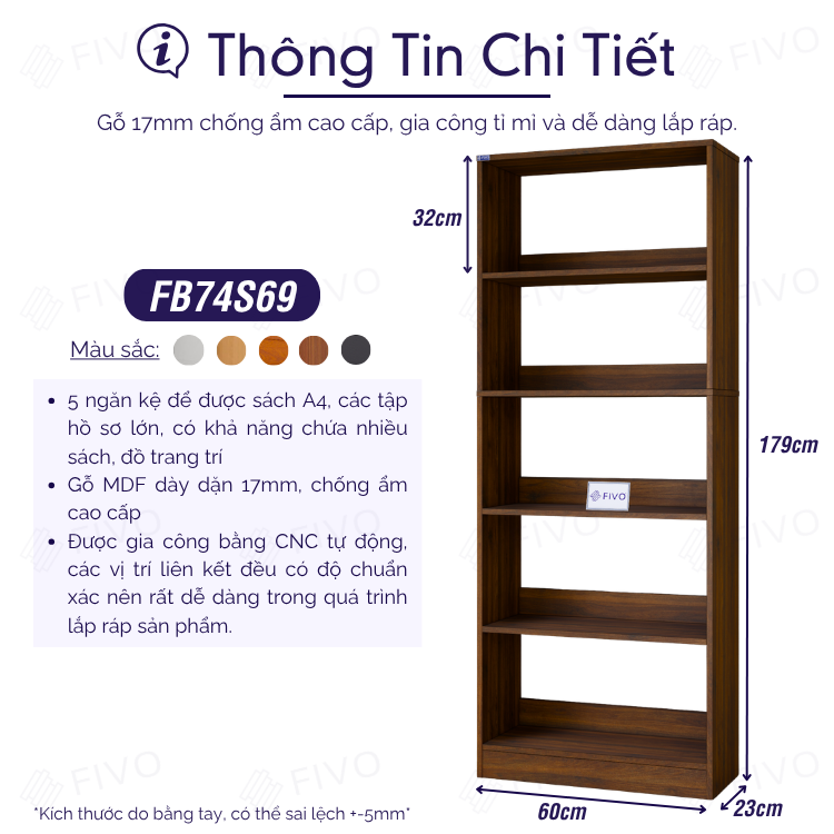 Kệ Sách Gỗ 5 Tầng FB74 FIVO, Kèm Thanh Chặn Chắc Chắn, Đa Dạng Màu Sắc