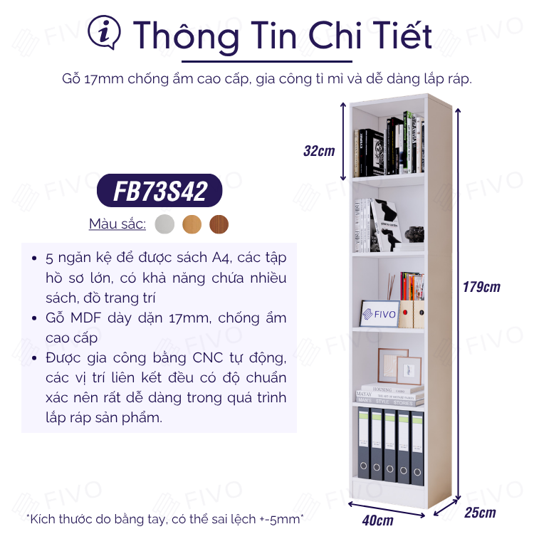 Kệ Sách Gỗ 5 Tầng FB73 FIVO, Kèm Tấm Lưng Chắc Chắn, Đa Dạng Màu Sắc