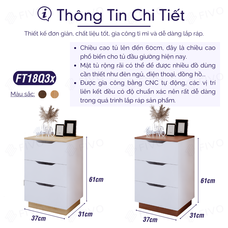 Tủ Đầu Giường Gỗ FT18 FIVO, Tay Cầm Vát Thẩm Mỹ, Dễ Dàng Lắp Ráp