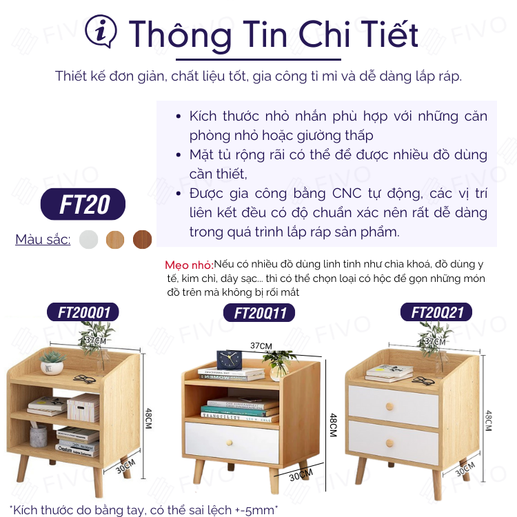 Tủ Đầu Giường Gỗ FT20 FIVO, Nhỏ Gọn, Phong Cách Châu Âu