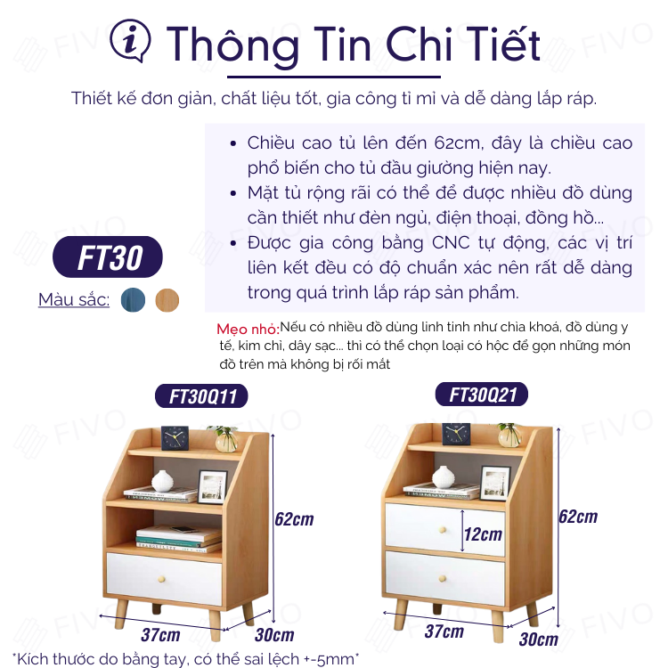 Tủ Đầu Giường Gỗ FT30 FIVO, Có Hộc Lưu Trữ, Mặt Tủ Rộng Tiện Dụng, Phong Cách Châu Âu