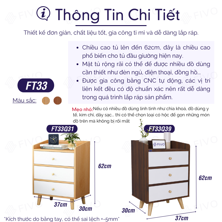 Tủ Đầu Giường Ba Hộc Kéo Gỗ FT33 FIVO, Phong Cách Châu Âu, Dễ Dàng Lắp Ráp
