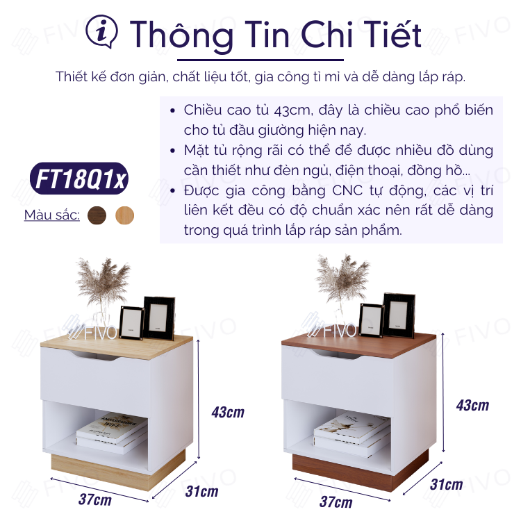Tủ Đầu Giường Gỗ FT18 FIVO, Tay Cầm Vát Thẩm Mỹ, Dễ Dàng Lắp Ráp