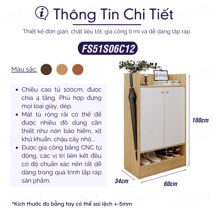 Tủ Giày Dép Gỗ MDF Nhiều Ngăn FS51 FIVO, Thiết Kế Cánh Mở Linh Hoạt, Phủ Melamine Chống Ẩm Chống Bụi
