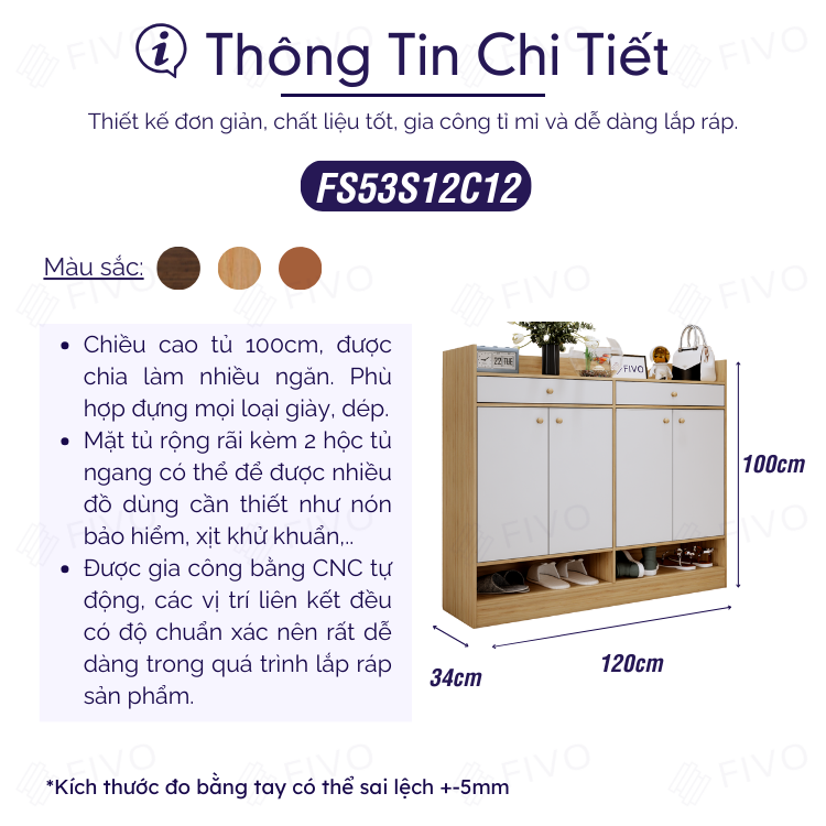 Tủ Giày Dép Gỗ MDF Kèm 2 Ngăn Kéo FS53 FIVO, Ván Dày 17mm Chống Ẩm, Nhiều Ngăn Đựng Giày Dép Và Nón Bảo Hiểm
