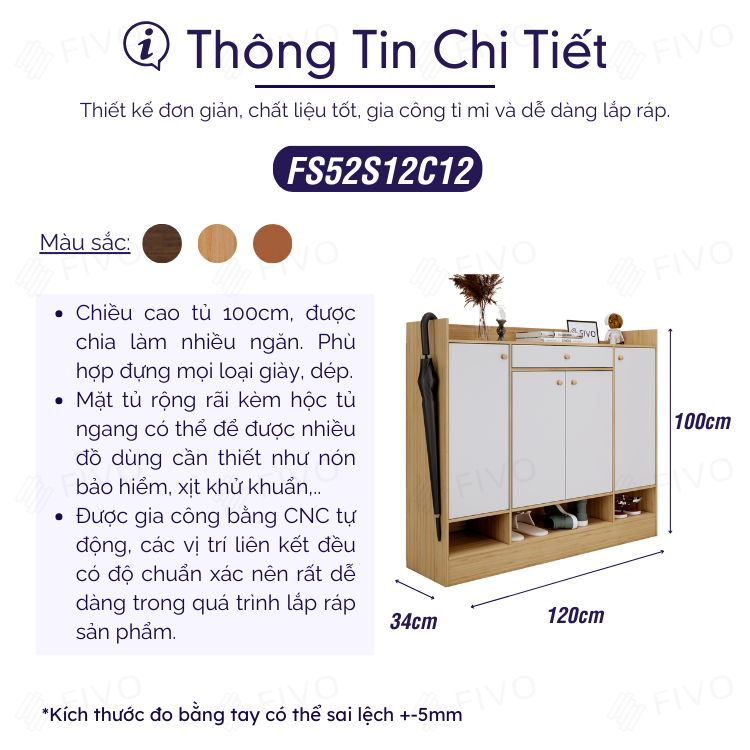Tủ Gỗ Đựng Giày Dép MDF FS52 FIVO, Ván Dày 17mm Chống Ẩm, Cánh Mở Chống Bụi, Sâu 32cm Đựng Nhiều Giày Dép