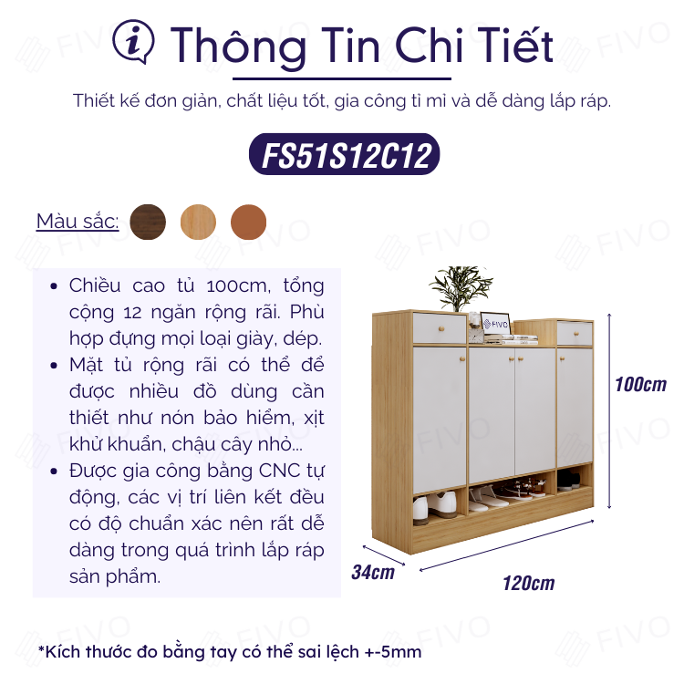 Tủ Giày Dép Gỗ MDF Nhiều Ngăn FS51 FIVO, Thiết Kế Cánh Mở Linh Hoạt, Phủ Melamine Chống Ẩm Chống Bụi
