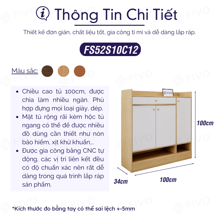 Tủ Gỗ Đựng Giày Dép MDF FS52 FIVO, Ván Dày 17mm Chống Ẩm, Cánh Mở Chống Bụi, Sâu 32cm Đựng Nhiều Giày Dép