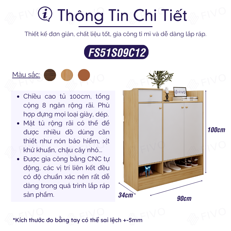 Tủ Giày Dép Gỗ MDF Nhiều Ngăn FS51 FIVO, Thiết Kế Cánh Mở Linh Hoạt, Phủ Melamine Chống Ẩm Chống Bụi