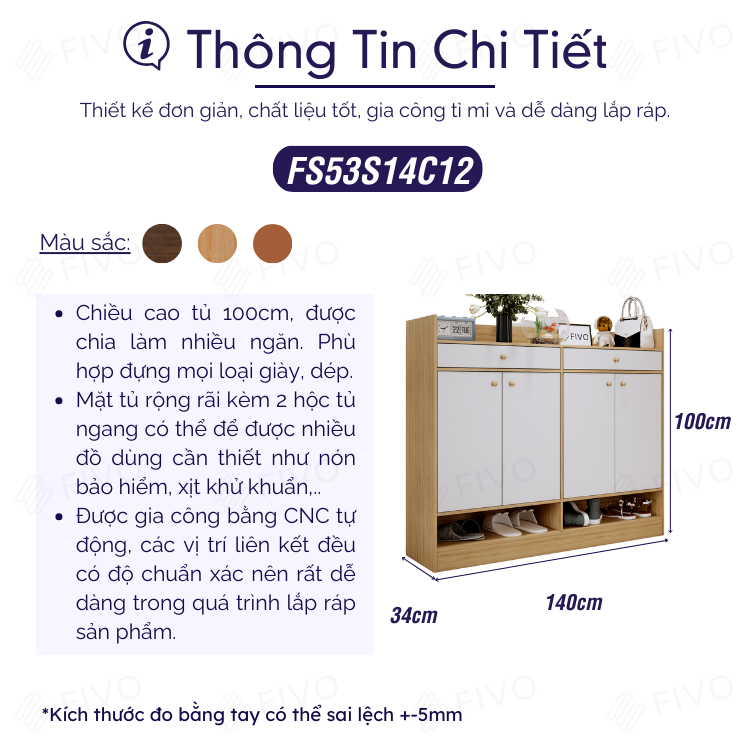 Tủ Giày Dép Gỗ MDF Kèm 2 Ngăn Kéo FS53 FIVO, Ván Dày 17mm Chống Ẩm, Nhiều Ngăn Đựng Giày Dép Và Nón Bảo Hiểm