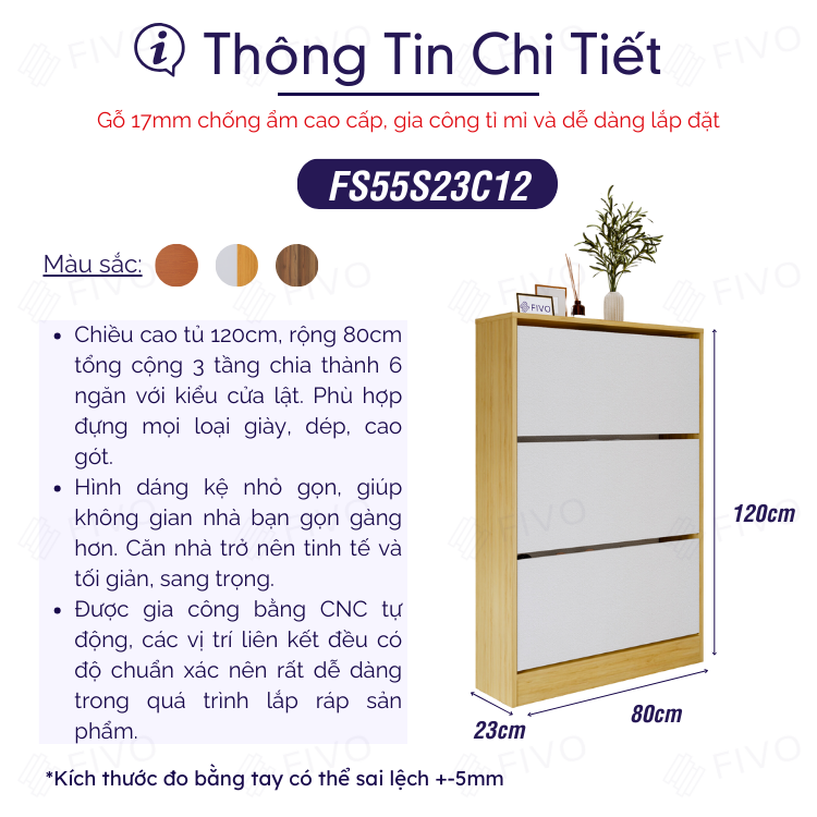 Tủ Gỗ Đựng Giày Cửa Lật Thông Minh FS55 FIVO, 3 Tầng Đa Năng, Tiết Kiệm Diện Tích