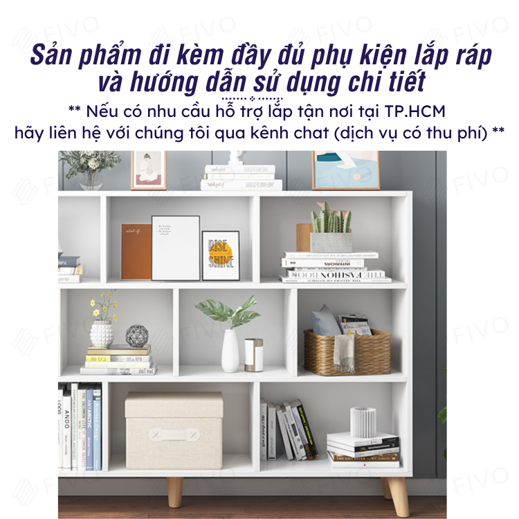 Kệ Sách Gỗ Đứng Có Chân FB60 FIVO, Kèm Tấm Lưng Chắc Chắn, Đa Dạng Kích Thước, Đa Ngăn