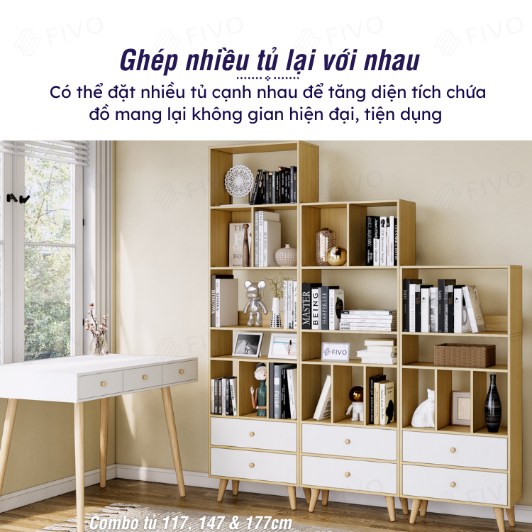 Tủ Sách Gỗ 5 Tầng FB61 FIVO, Có Hộc, 4 Chân, Dễ Dàng Lắp Ráp