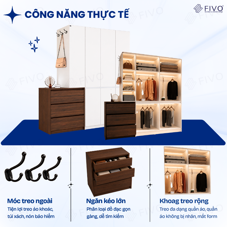Tủ Quần Áo Gỗ Cửa Mở Cao Cấp FC11 FIVO, Sâu 60cm Kèm Hệ Tủ Ngăn Kéo, Freeship+Free lắp đặt, Trả Góp 0%