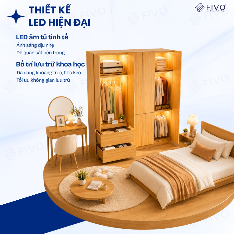 Tủ Quần Áo Gỗ Cao Cấp FC08 FIVO, Dày 17MM Cánh Mở Sâu 60cm, Thiết Kế Tinh Tế, Free ship+Free lắp đặt