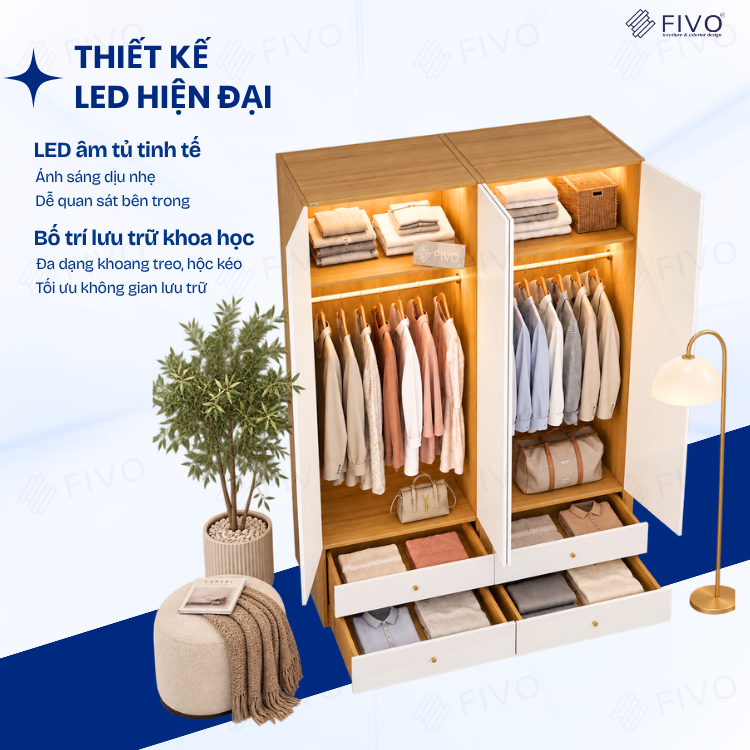 Tủ Đựng Quần Áo Gỗ Cao Cấp FC10 FIVO, Cánh Mở Sâu 60cm Kèm Ngăn Kéo, Freeship + Free Lắp Đặt, Trả Góp 0%