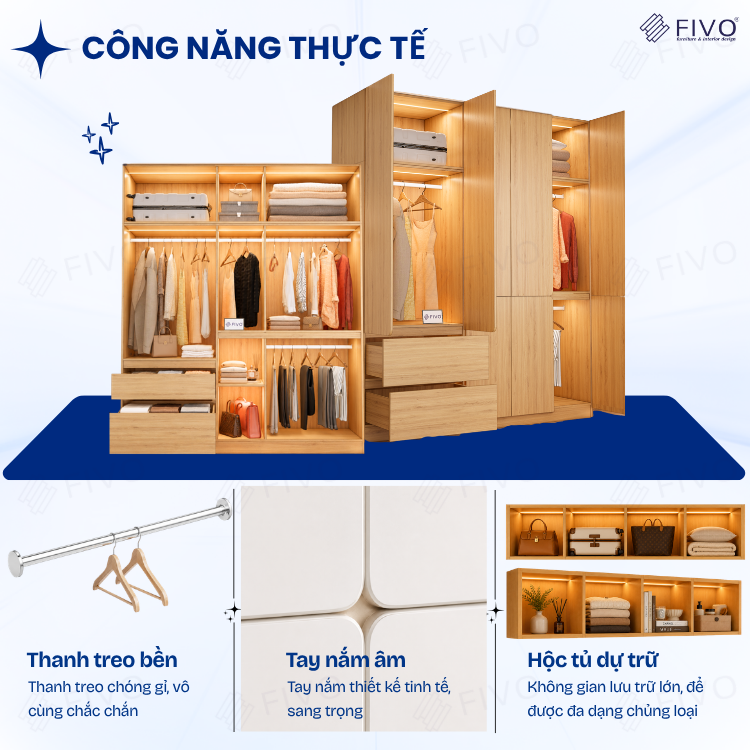 Tủ Quần Áo Gỗ Cao Cấp FC08 FIVO, Dày 17MM Cánh Mở Sâu 60cm, Thiết Kế Tinh Tế, Free ship+Free lắp đặt