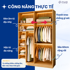 Tủ Quần Áo Gỗ Cửa Lùa Cao Cấp FC37 FIVO, Gỗ Dày 17mm Độ Sâu 60cm, Kèm Hệ Trang Trí, Freeship+Free Lắp Đặt, Trả Góp 0%