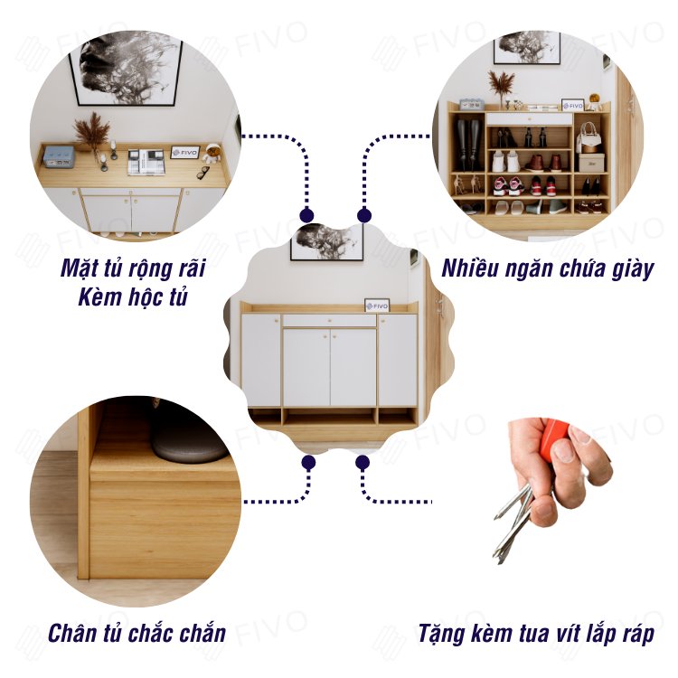Tủ Gỗ Đựng Giày Dép MDF FS52 FIVO, Ván Dày 17mm Chống Ẩm, Cánh Mở Chống Bụi, Sâu 32cm Đựng Nhiều Giày Dép