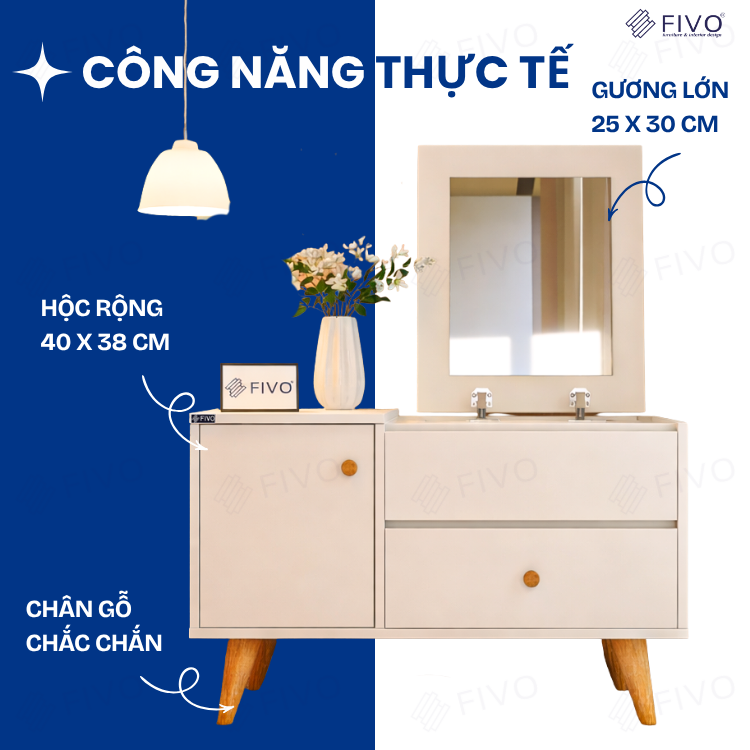 Bàn Trang Điểm Mini Ngồi Bệt Gương Gập Đa Năng FV02 FIVO, Kết Hợp Làm Bàn Học, Hộc Kéo Rộng Rãi, Thiết Kế Không Lộ Vít