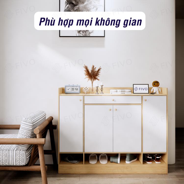 Tủ Gỗ Đựng Giày Dép MDF FS52 FIVO, Ván Dày 17mm Chống Ẩm, Cánh Mở Chống Bụi, Sâu 32cm Đựng Nhiều Giày Dép