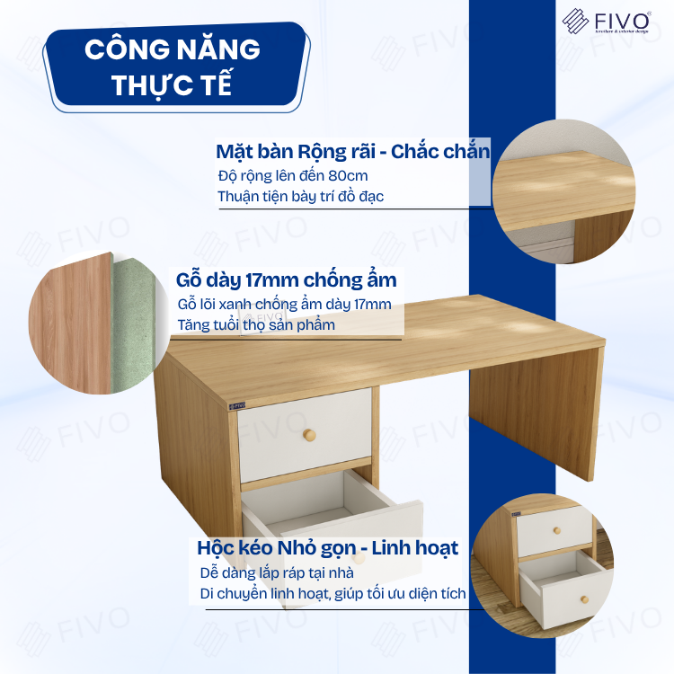 Bàn Trang Điểm Gỗ Ngồi Bệt Có Ngăn Kéo FV01 FIVO, Linh Hoạt Làm Bàn Học Bàn Trà, Không Lộ Vít Bề Mặt, Đa Dạng Bảy Màu